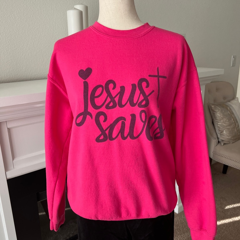 Gildan Bright Pink 'Jesus Saves' Women's Sweater